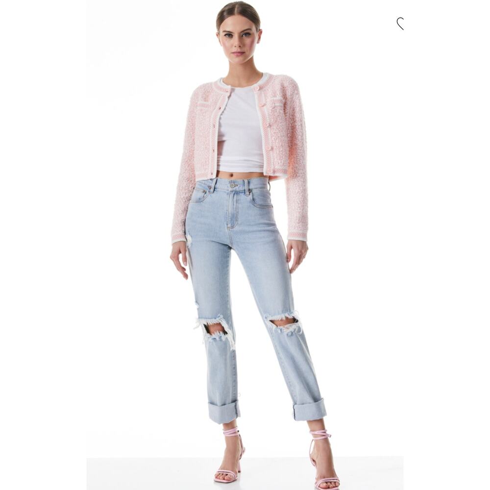 Alice + Olivia Noella Cropped Cardigan Medium Pink Boucle Knit Crew Button Front - Picture 10 of 15